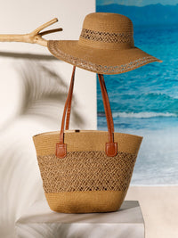 WOMEN'S STRAW SUN HAT WITH MATCHING WOVEN COLORBLOCK TOTE BAG