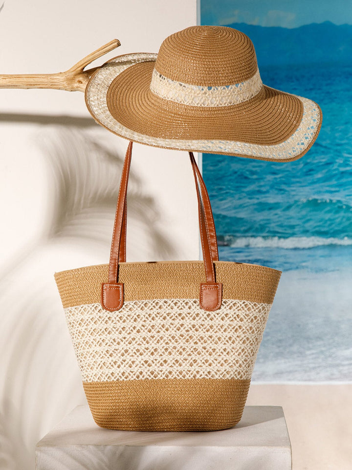 WOMEN'S STRAW SUN HAT WITH MATCHING WOVEN COLORBLOCK TOTE BAG