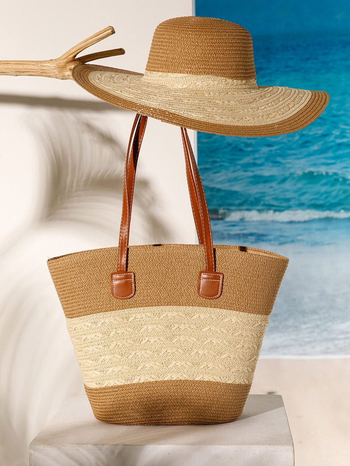 WOMEN'S STRAW SUN HAT WITH MATCHING WOVEN COLORBLOCK TOTE BAG