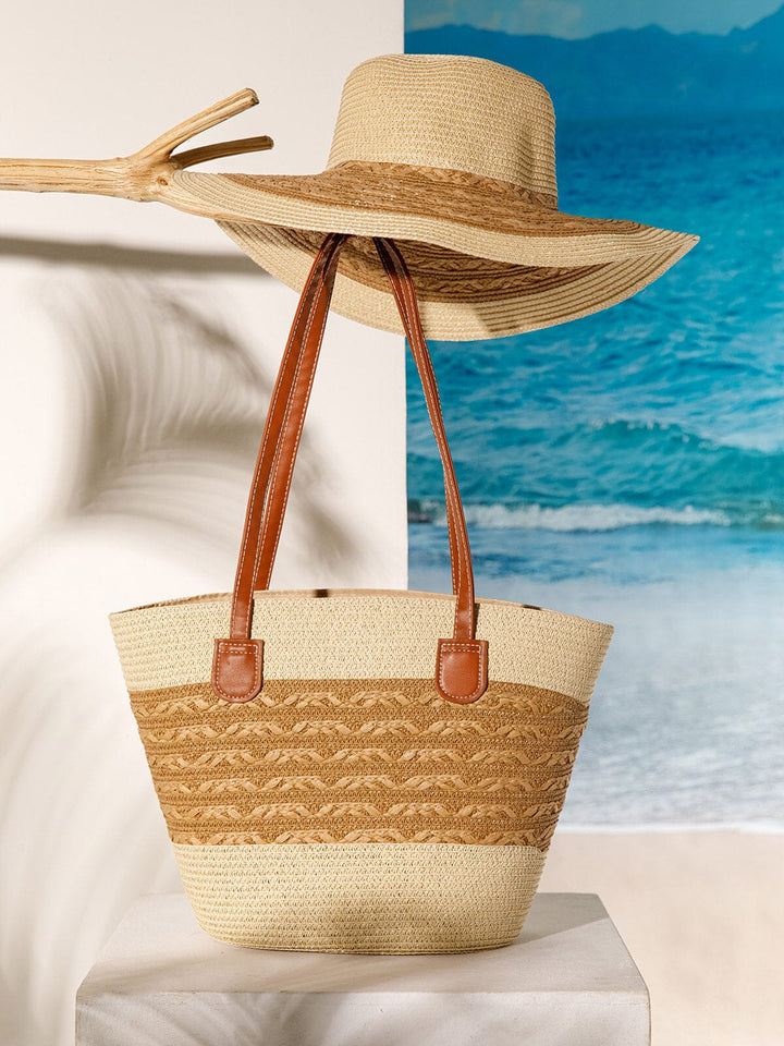 WOMEN'S STRAW SUN HAT WITH MATCHING WOVEN COLORBLOCK TOTE BAG