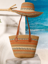 WOMEN'S STRAW SUN HAT WITH MATCHING WOVEN COLORBLOCK TOTE BAG