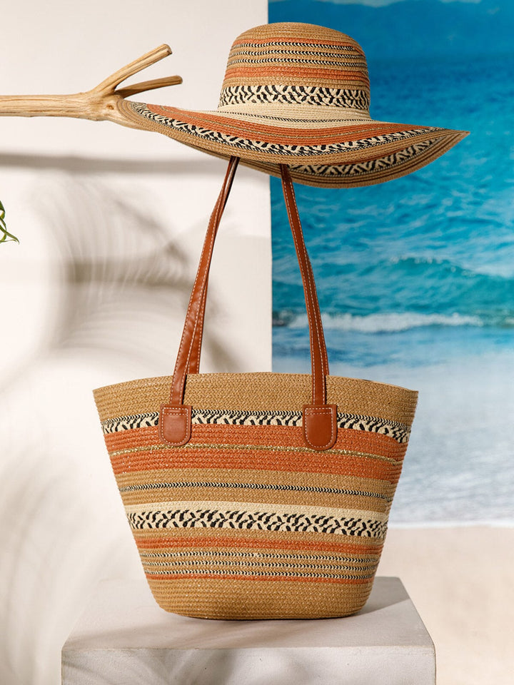 WOMEN'S STRAW SUN HAT WITH MATCHING WOVEN COLORBLOCK TOTE BAG