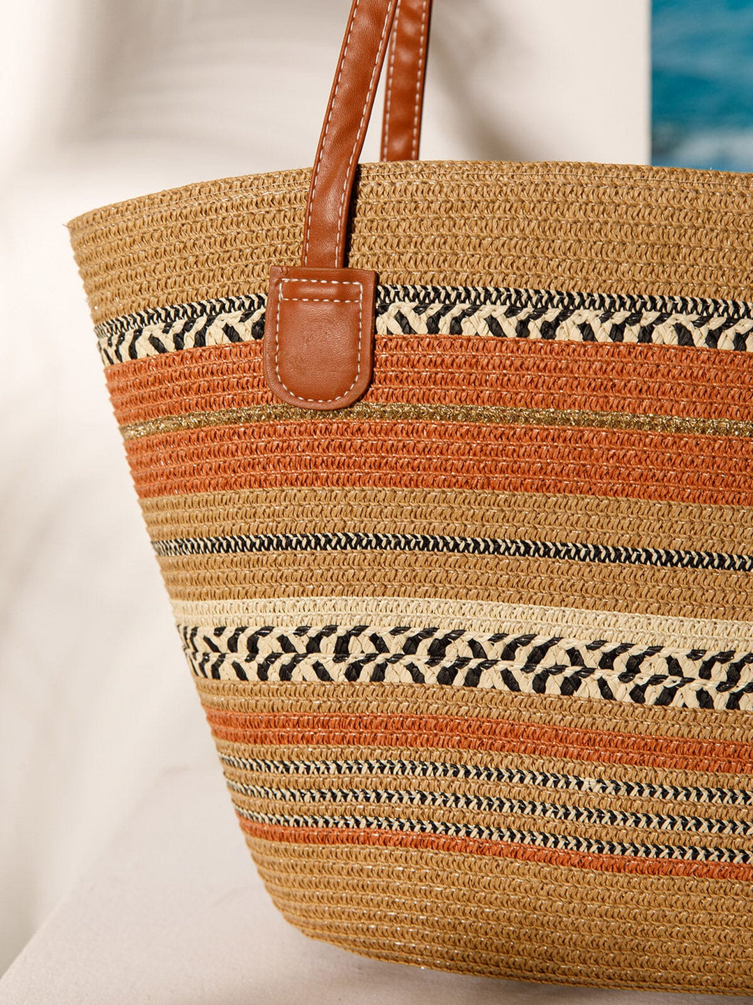 WOMEN'S STRAW SUN HAT WITH MATCHING WOVEN COLORBLOCK TOTE BAG