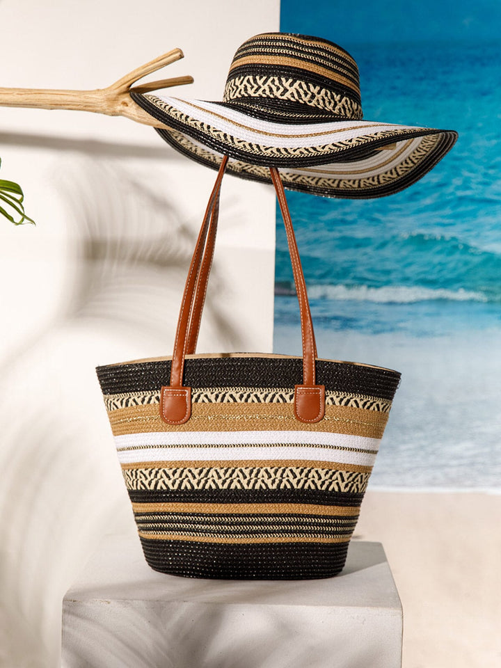 WOMEN'S STRAW SUN HAT WITH MATCHING WOVEN COLORBLOCK TOTE BAG