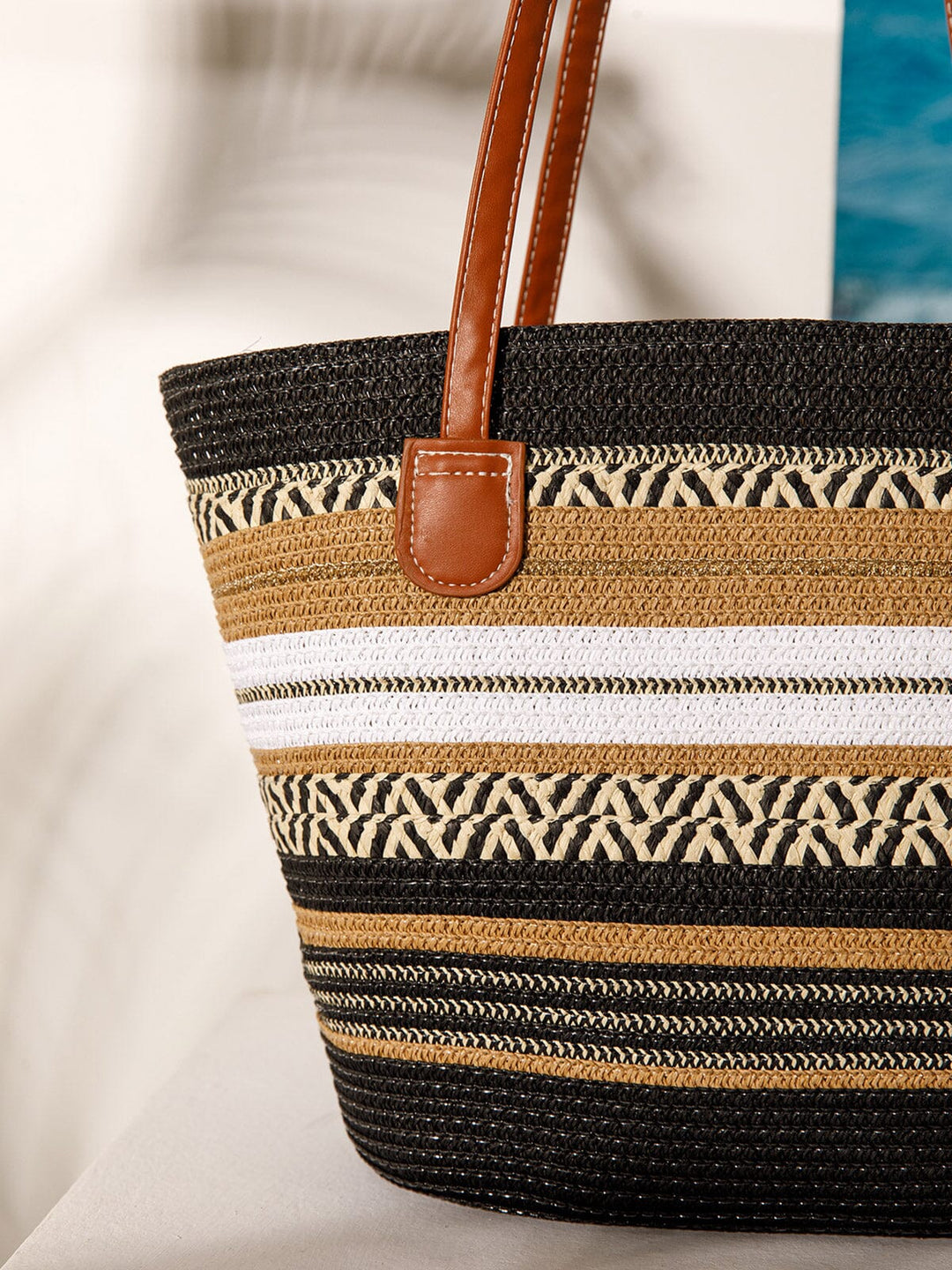 WOMEN'S STRAW SUN HAT WITH MATCHING WOVEN COLORBLOCK TOTE BAG