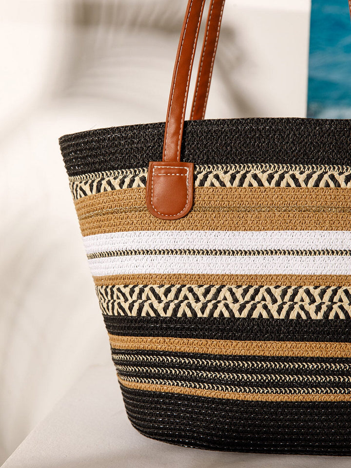 WOMEN'S STRAW SUN HAT WITH MATCHING WOVEN COLORBLOCK TOTE BAG