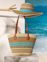 WOMEN'S STRAW SUN HAT WITH MATCHING WOVEN COLORBLOCK TOTE BAG