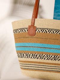 WOMEN'S STRAW SUN HAT WITH MATCHING WOVEN COLORBLOCK TOTE BAG