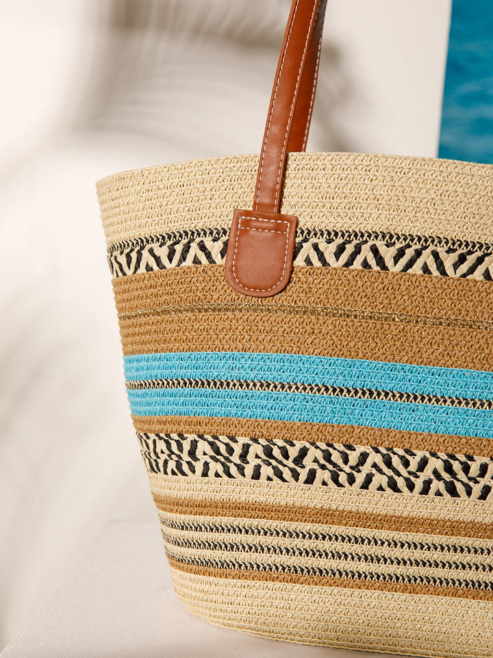 WOMEN'S STRAW SUN HAT WITH MATCHING WOVEN COLORBLOCK TOTE BAG