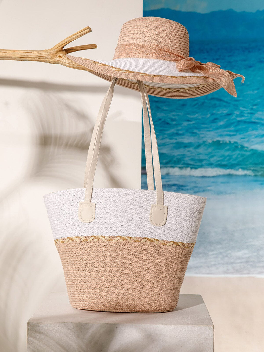 WOMEN'S STRAW SUN HAT WITH MATCHING WOVEN COLORBLOCK TOTE BAG
