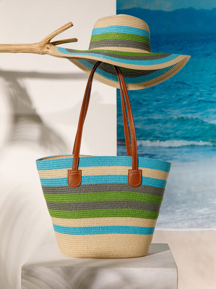WOMEN'S STRAW SUN HAT WITH MATCHING WOVEN COLORBLOCK TOTE BAG