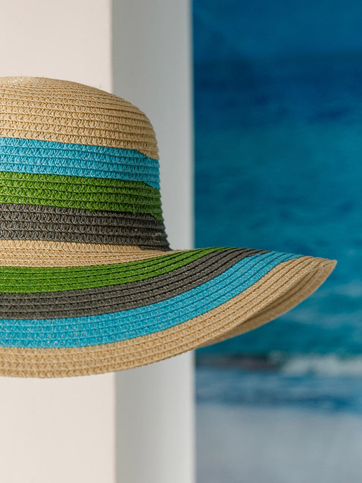 WOMEN'S STRAW SUN HAT WITH MATCHING WOVEN COLORBLOCK TOTE BAG
