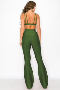 WOMEN'S SLEEVELESS CROP TOP & ELASTIC WAIST BELL LEG PANTS BANDAGE 2PC. SET