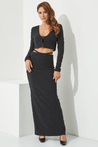 *****WOMEN'S SLEEVELESS BRALETTE WITH LONG SLEEVE CARDIGAN & ZIP UP MAXI SKIRT DETAILED 3PC. SET