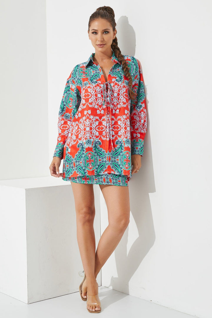 WOMEN'S LONG SLEEVE BLOUSE & ZIP UP MINI SKIRT MULTI PRINT 2PC. SET