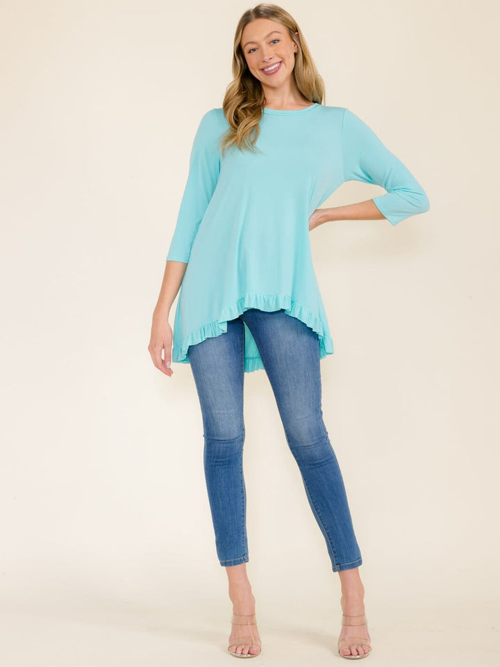 WOMEN'S 3/4 SLEEVES RUFFLE BOTTOM HEM TUNIC HIGH-LOW TOP