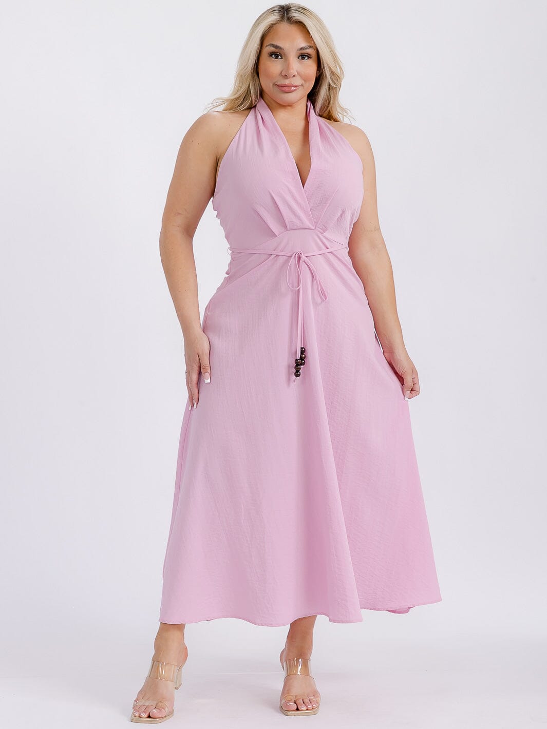 PLUS SIZE SLEEVELESS HALTER NECK OPEN BACK MAXI DRESS