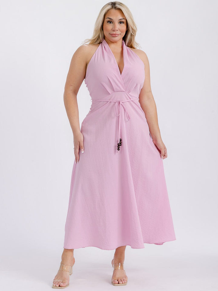 PLUS SIZE SLEEVELESS HALTER NECK OPEN BACK MAXI DRESS