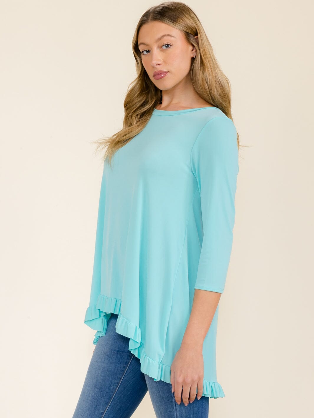 WOMEN'S 3/4 SLEEVES RUFFLE BOTTOM HEM TUNIC HIGH-LOW TOP