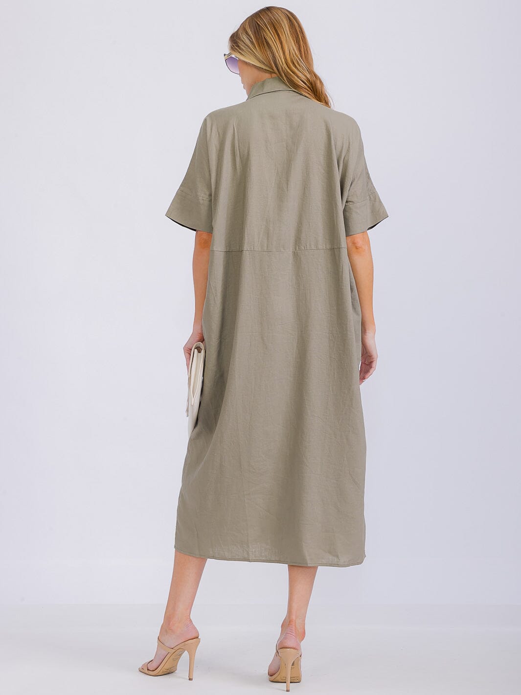WOMEN'S SHORT SLEEVE BUTTON UP FRONT POCKETS MAXI DRESS