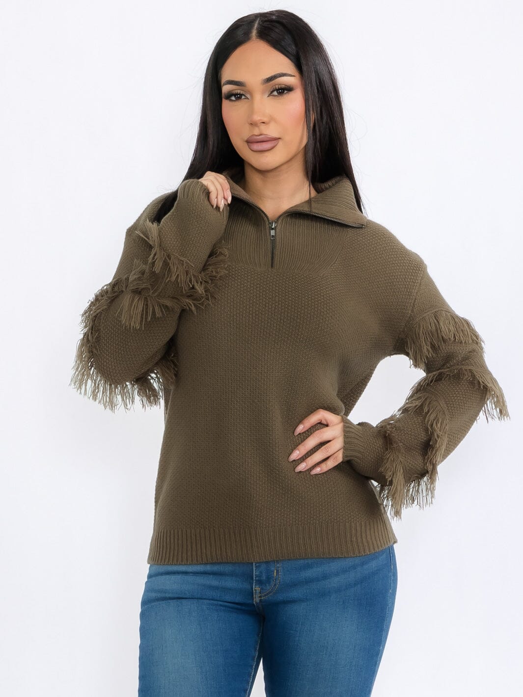 WOMEN'S LONG SLEEVE ZIP UP FRINGE DETAILED PULLOVER SWEATER