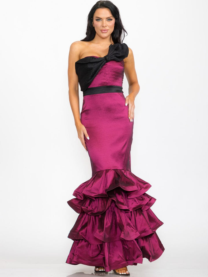 WOMEN'S ONE SHOULDER BODYCON RUFFLE BOTTOM HEM MAXI GOWN DRESS