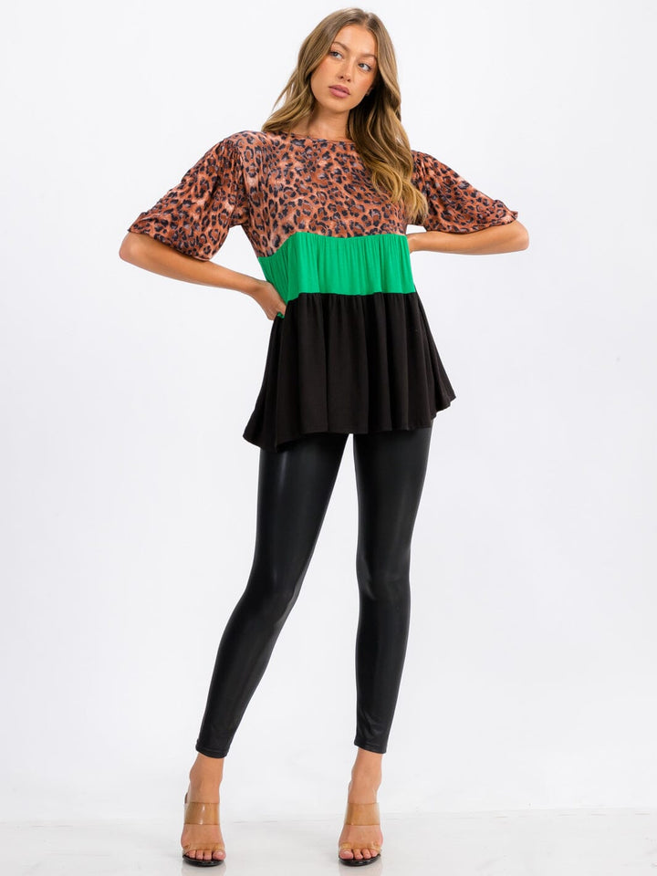 WOMEN'S SHORT SLEEVE TUNIC ANIMAL PRINT COLORBLOCK TOP
