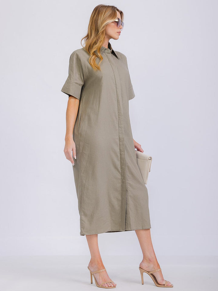 WOMEN'S SHORT SLEEVE BUTTON UP FRONT POCKETS MAXI DRESS
