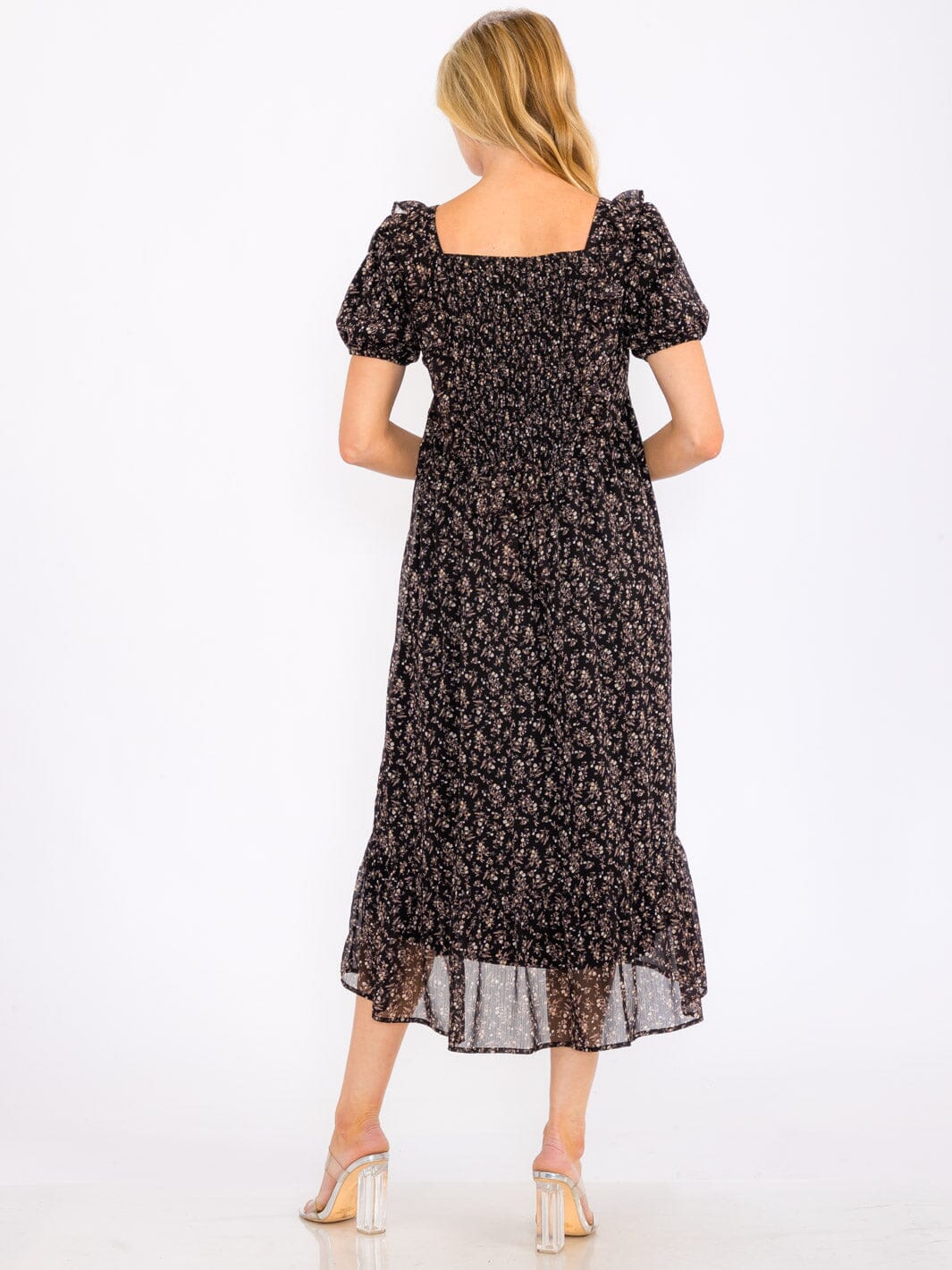 WOMEN'S SHORT PUFF SLEEVE SQUARE NECK FLORAL TIERED MAXI DRESS