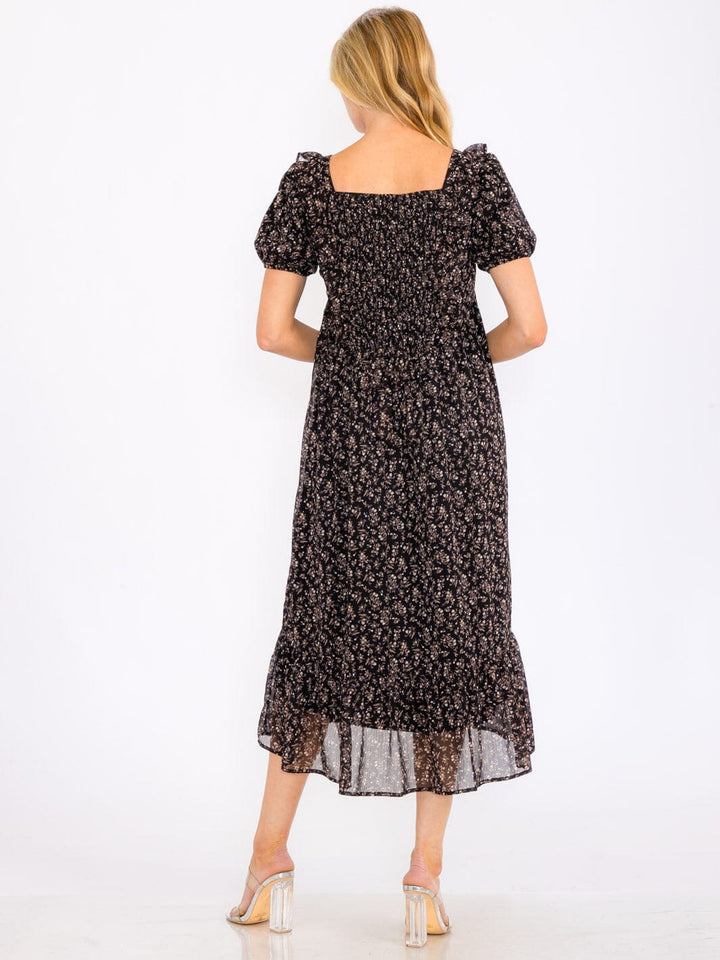 WOMEN'S SHORT PUFF SLEEVE SQUARE NECK FLORAL TIERED MAXI DRESS