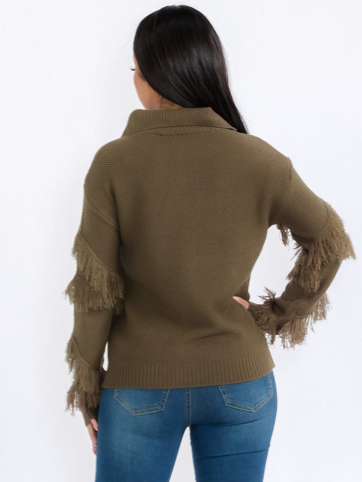 WOMEN'S LONG SLEEVE ZIP UP FRINGE DETAILED PULLOVER SWEATER