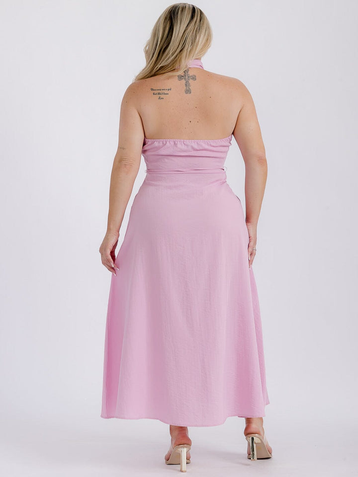 PLUS SIZE SLEEVELESS HALTER NECK OPEN BACK MAXI DRESS