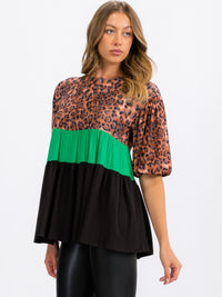 WOMEN'S SHORT SLEEVE TUNIC ANIMAL PRINT COLORBLOCK TOP