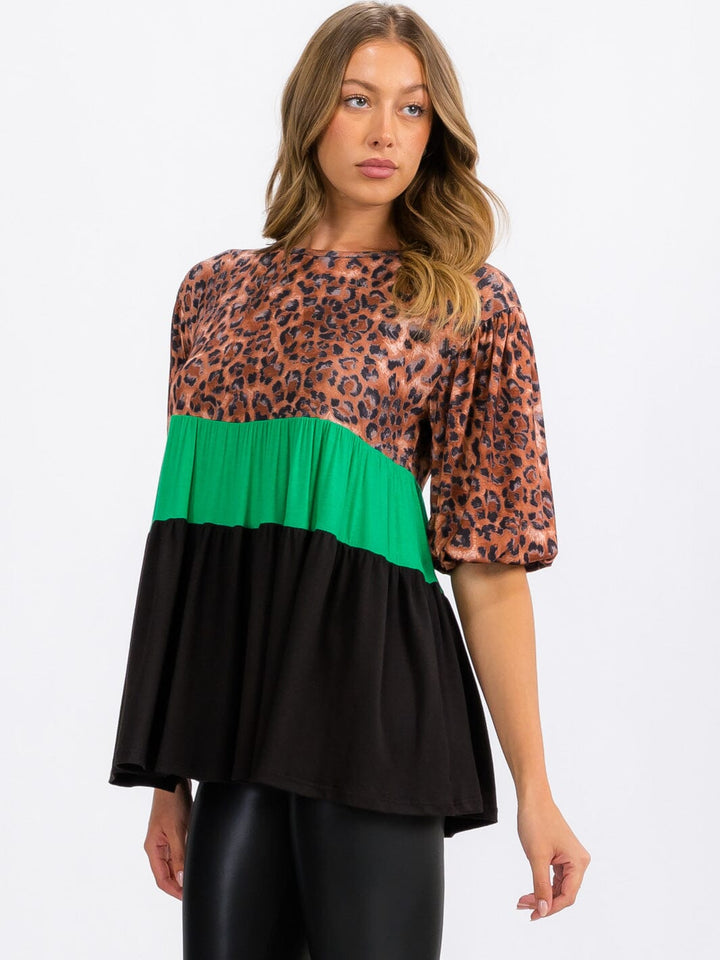 WOMEN'S SHORT SLEEVE TUNIC ANIMAL PRINT COLORBLOCK TOP