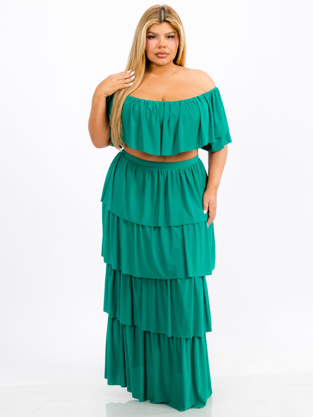 PLUS SIZE OFF SHOULDER TOP & MAXI SKIRT TIERED RUFFLE 2PC. SET