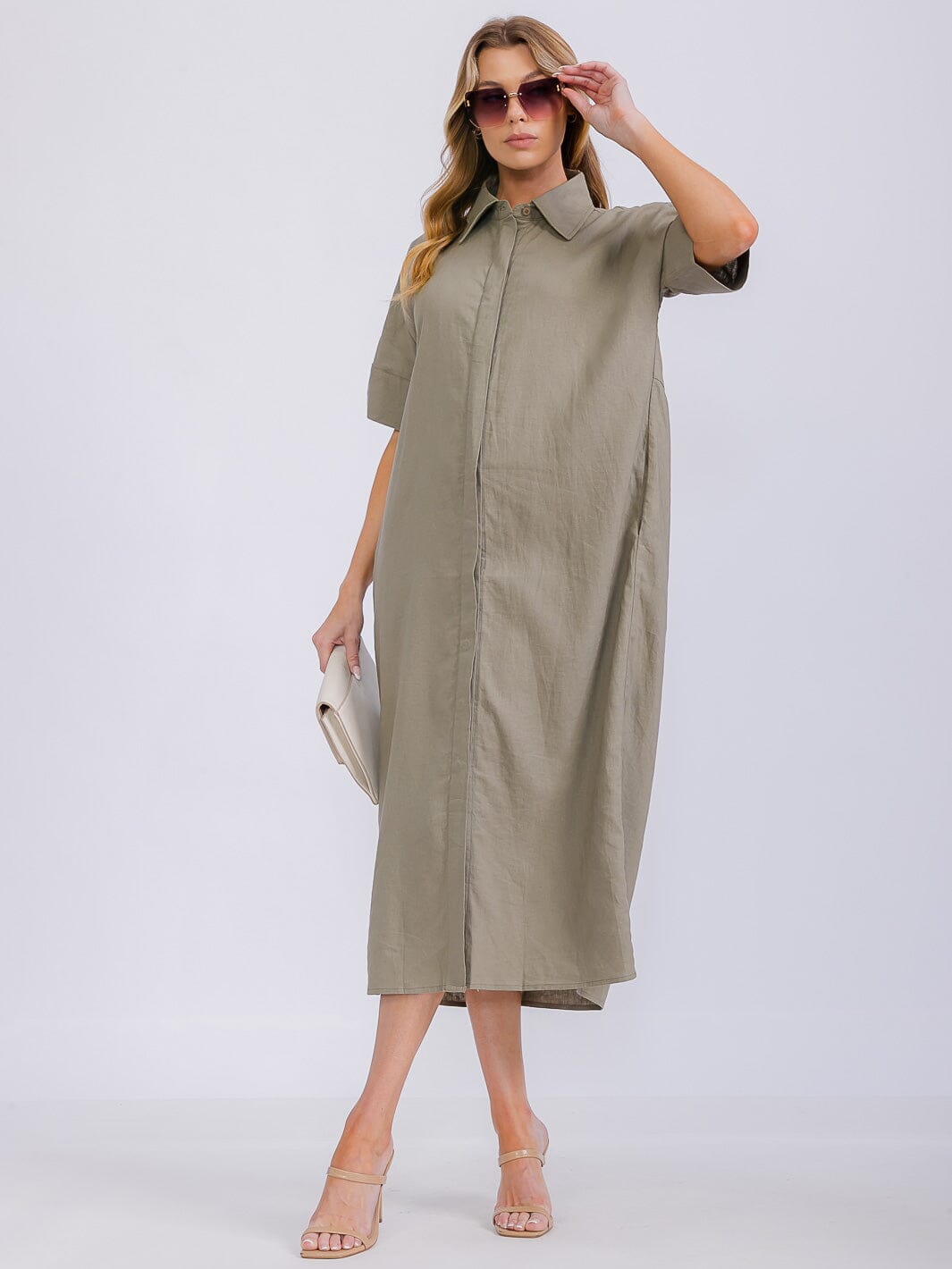 WOMEN'S SHORT SLEEVE BUTTON UP FRONT POCKETS MAXI DRESS