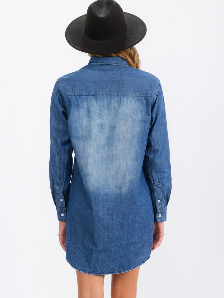 WOMEN'S LONG SLEEVE BUTTON UP POCKETS DENIM WASHED MINI DRESS