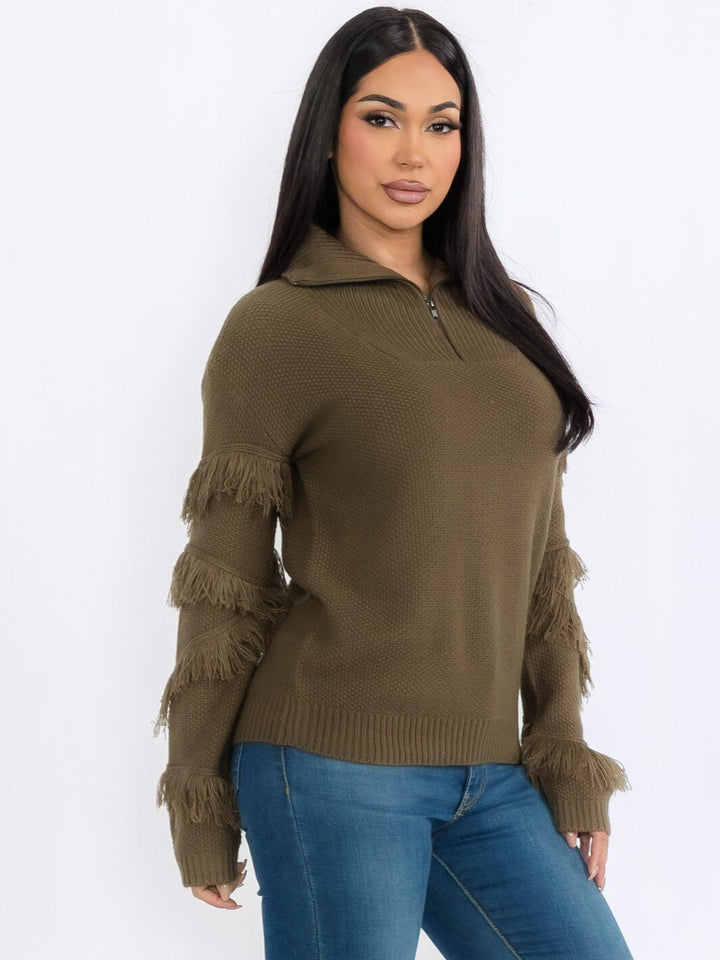 WOMEN'S LONG SLEEVE ZIP UP FRINGE DETAILED PULLOVER SWEATER