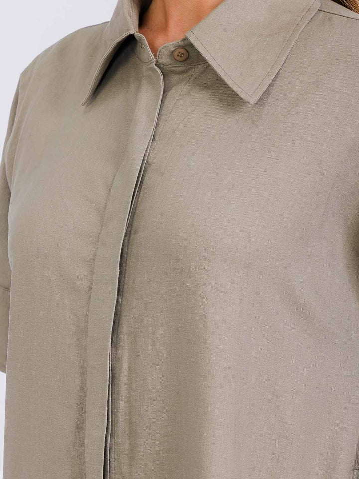 WOMEN'S SHORT SLEEVE BUTTON UP FRONT POCKETS MAXI DRESS