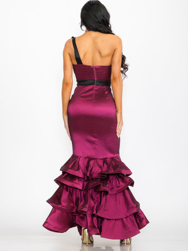 WOMEN'S ONE SHOULDER BODYCON RUFFLE BOTTOM HEM MAXI GOWN DRESS