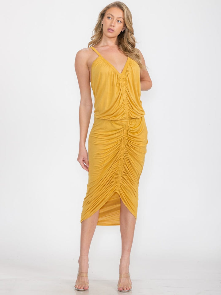 WOMEN'S SLEEVELESS V-NECK FRONT RUCHED BODYCON MIDI DRESS