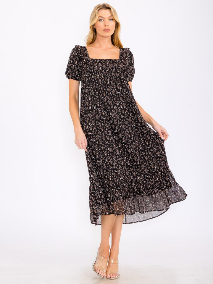 WOMEN'S SHORT PUFF SLEEVE SQUARE NECK FLORAL TIERED MAXI DRESS