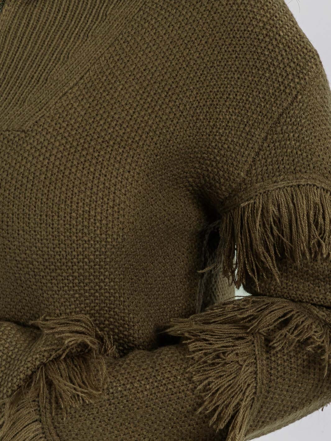 WOMEN'S LONG SLEEVE ZIP UP FRINGE DETAILED PULLOVER SWEATER