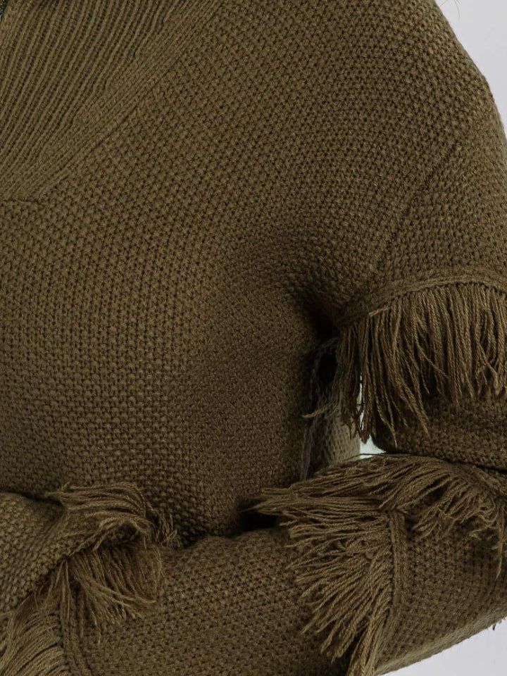 WOMEN'S LONG SLEEVE ZIP UP FRINGE DETAILED PULLOVER SWEATER