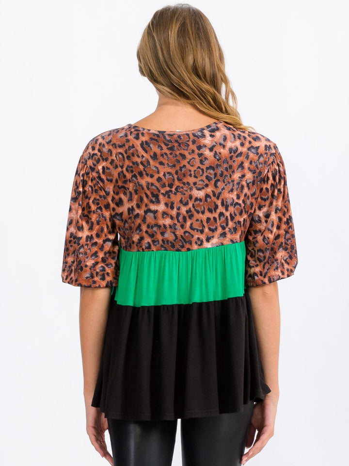 WOMEN'S SHORT SLEEVE TUNIC ANIMAL PRINT COLORBLOCK TOP