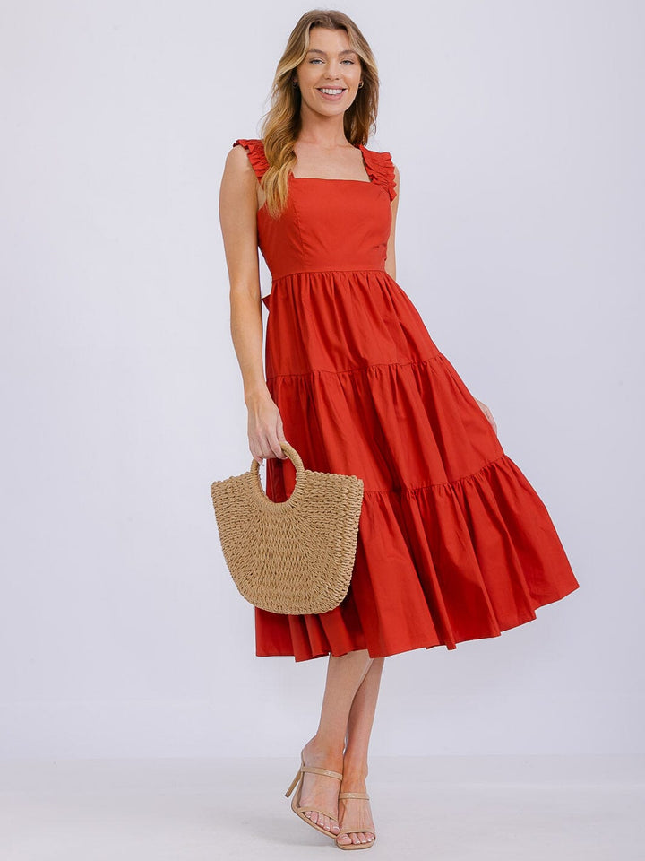 WOMEN'S SLEEVELESS SQUARE NECK SELF TIE TIERED MIDI DRESS