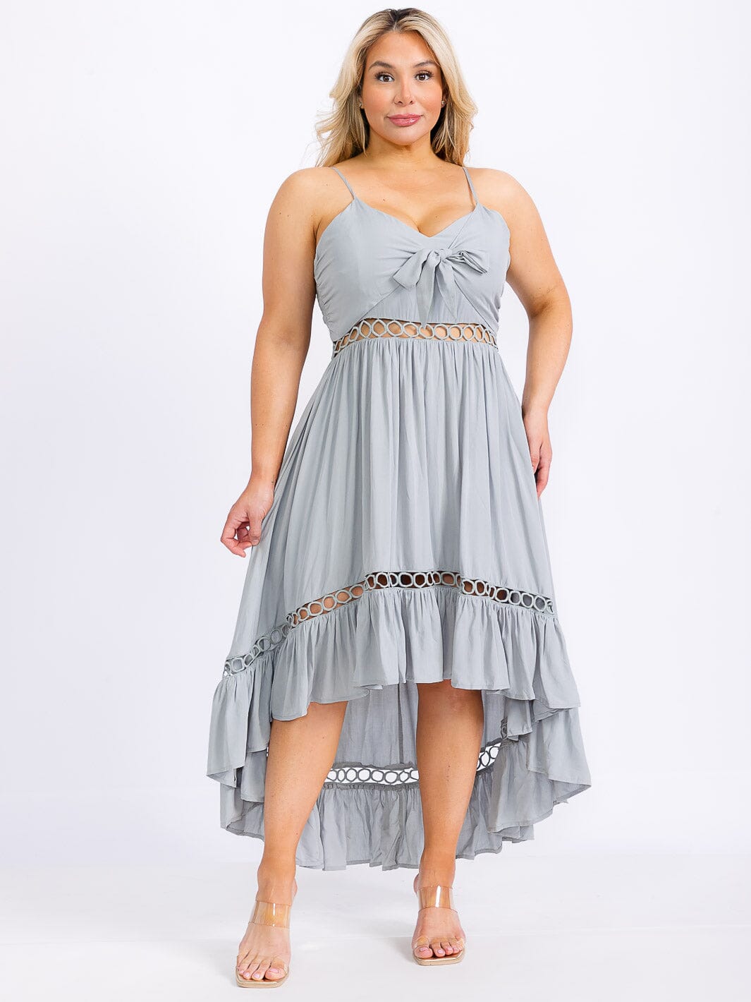 PLUS SIZE SLEEVELESS TRIM DETAILED SMOCK HIGH-LOW MAXI DRESS