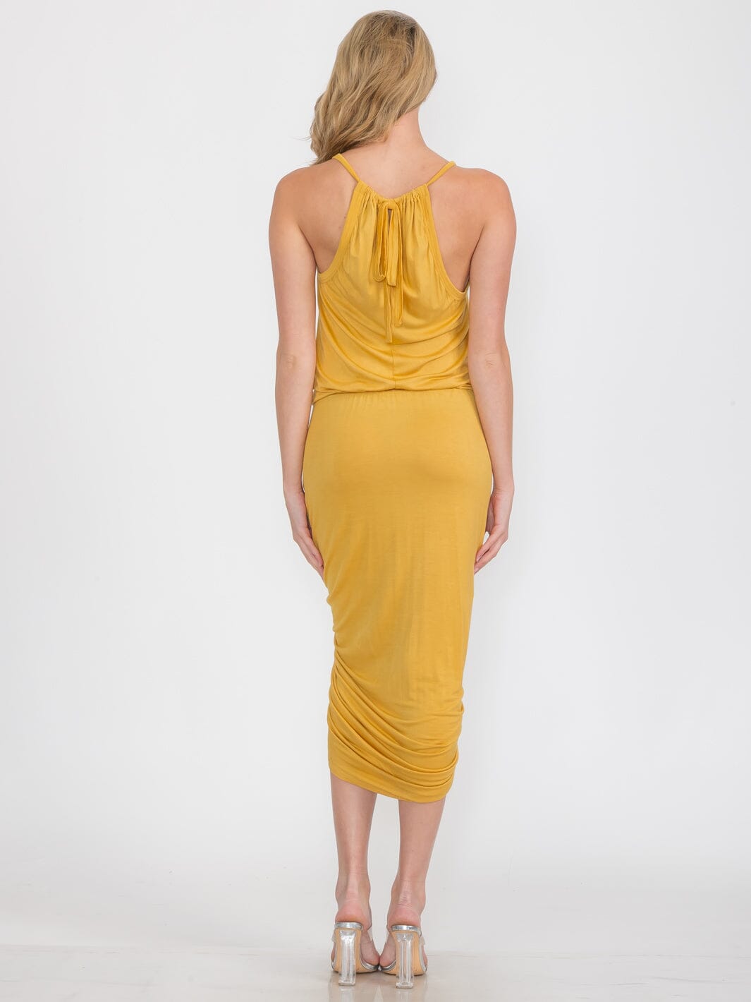 WOMEN'S SLEEVELESS V-NECK FRONT RUCHED BODYCON MIDI DRESS