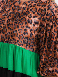 WOMEN'S SHORT SLEEVE TUNIC ANIMAL PRINT COLORBLOCK TOP