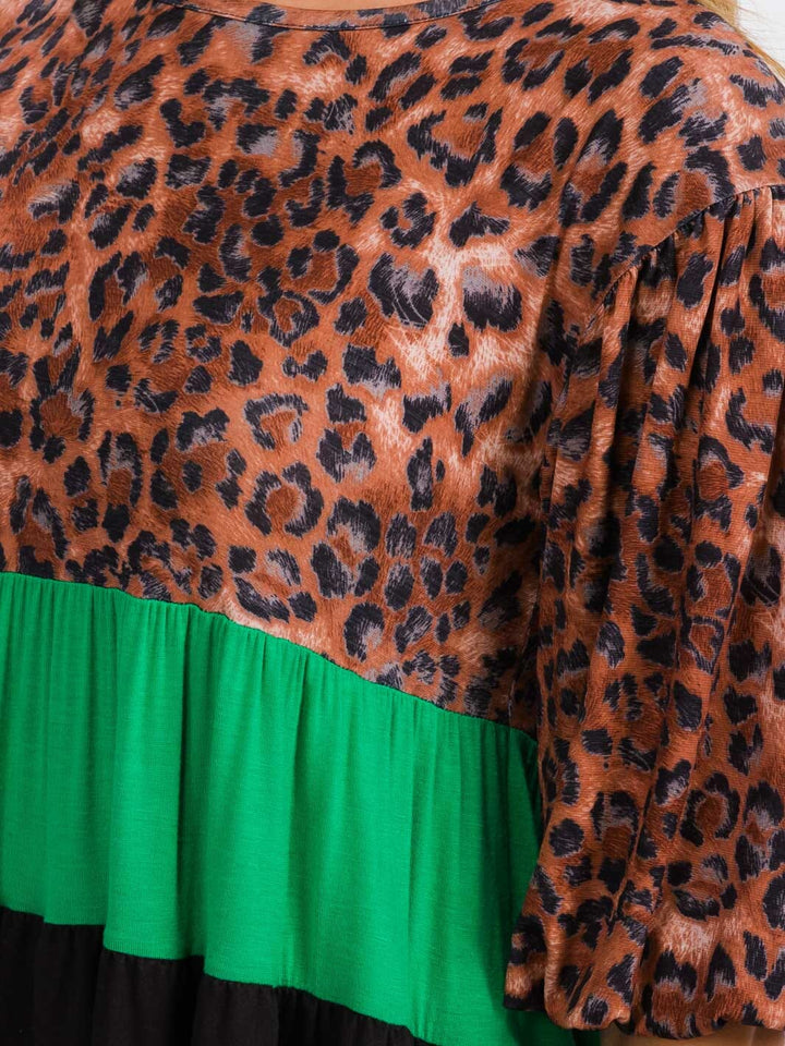 WOMEN'S SHORT SLEEVE TUNIC ANIMAL PRINT COLORBLOCK TOP